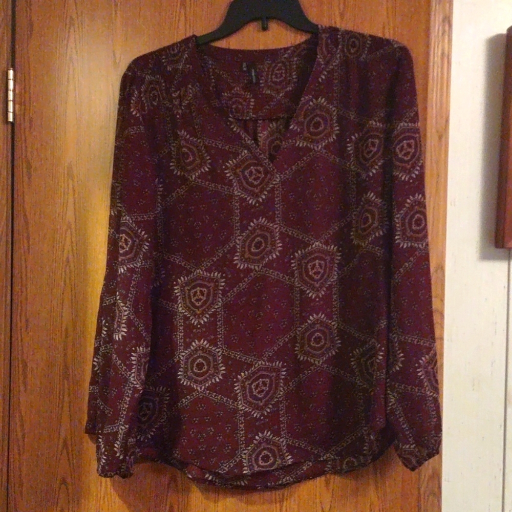 Women's light weight polyester blouse, maroon print. XXL